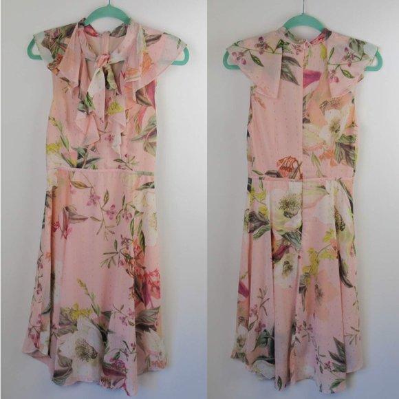 Cooper St Pink Floral Swiss Dot Frill Sleeve Neck Tie Midi Dress sz 4 - Picture 1 of 9